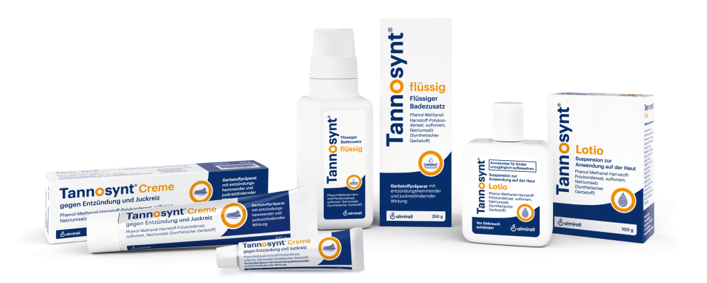 Auf dem Bild sind alle Tannosynt-Produkte auf weißem Hintergrund zu sehen: die Creme in zwei verschiedenen Größen und ihre Verpackung. Das Produkt flüssiger Badezusatz und seine Verpackung. Die 100g Lotion und ihre Verpackung